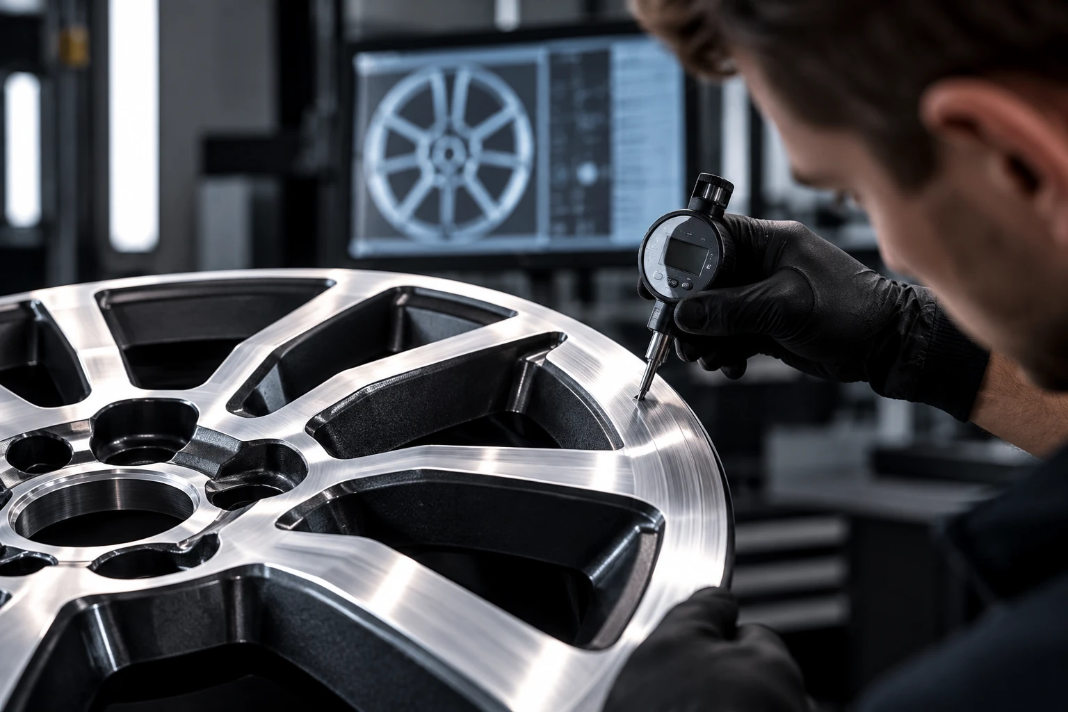 Kwaliteitscontrole van een velg na CNC-herstel.