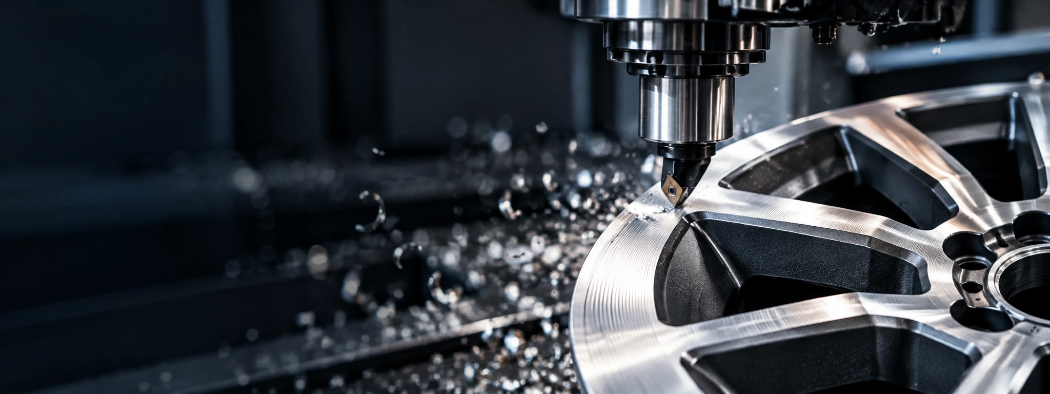 Een CNC-machine bewerkt het aluminium zichtvlak van een velg.
