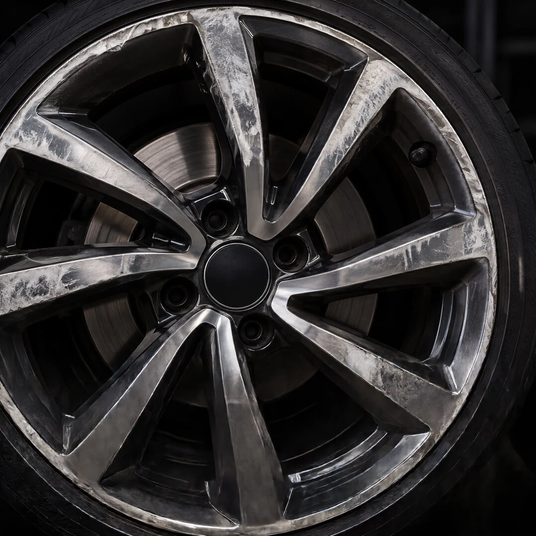 Lichtmetalen velg met oxidatie en doffe, aangetaste spaken vóór herstel.
