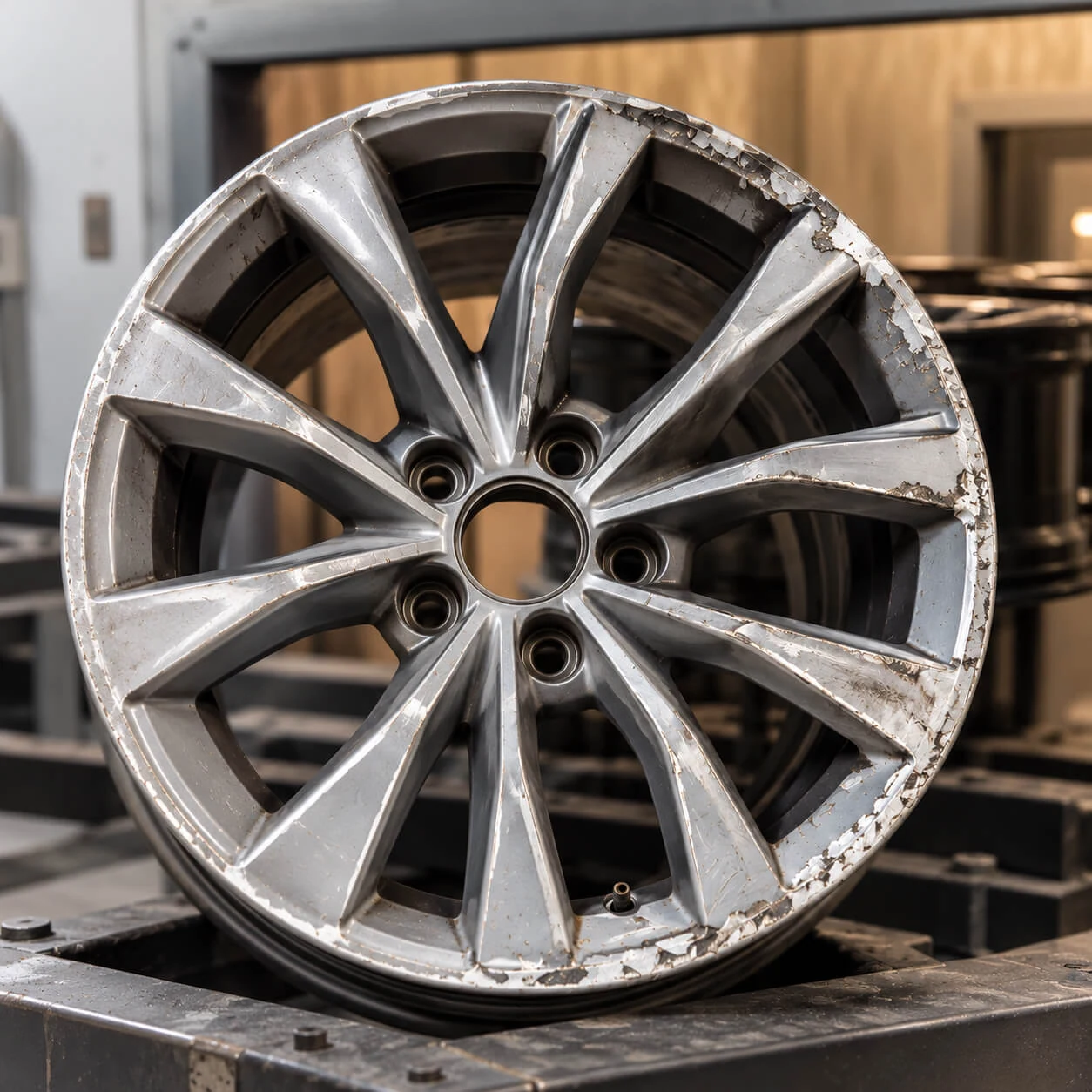 Lichtmetalen velg met afbladderende lak en beschadigingen aan de spaken en velgrand.